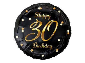 Balon foliowy Liczba 30 urodziny, Happy 30 Birthday, czarny, nadruk złoty, 18"