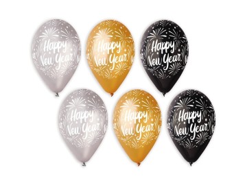 Balony Sylwestrowe HAPPY NEW YEAR, złote, srebrne, czarne, 12 cali / 6 szt.